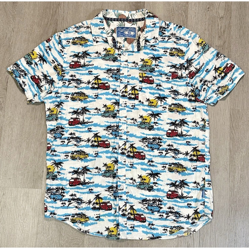Huntington Button Down Hawaiian Shirt Men Size Large Classic Cars Tropical Beach